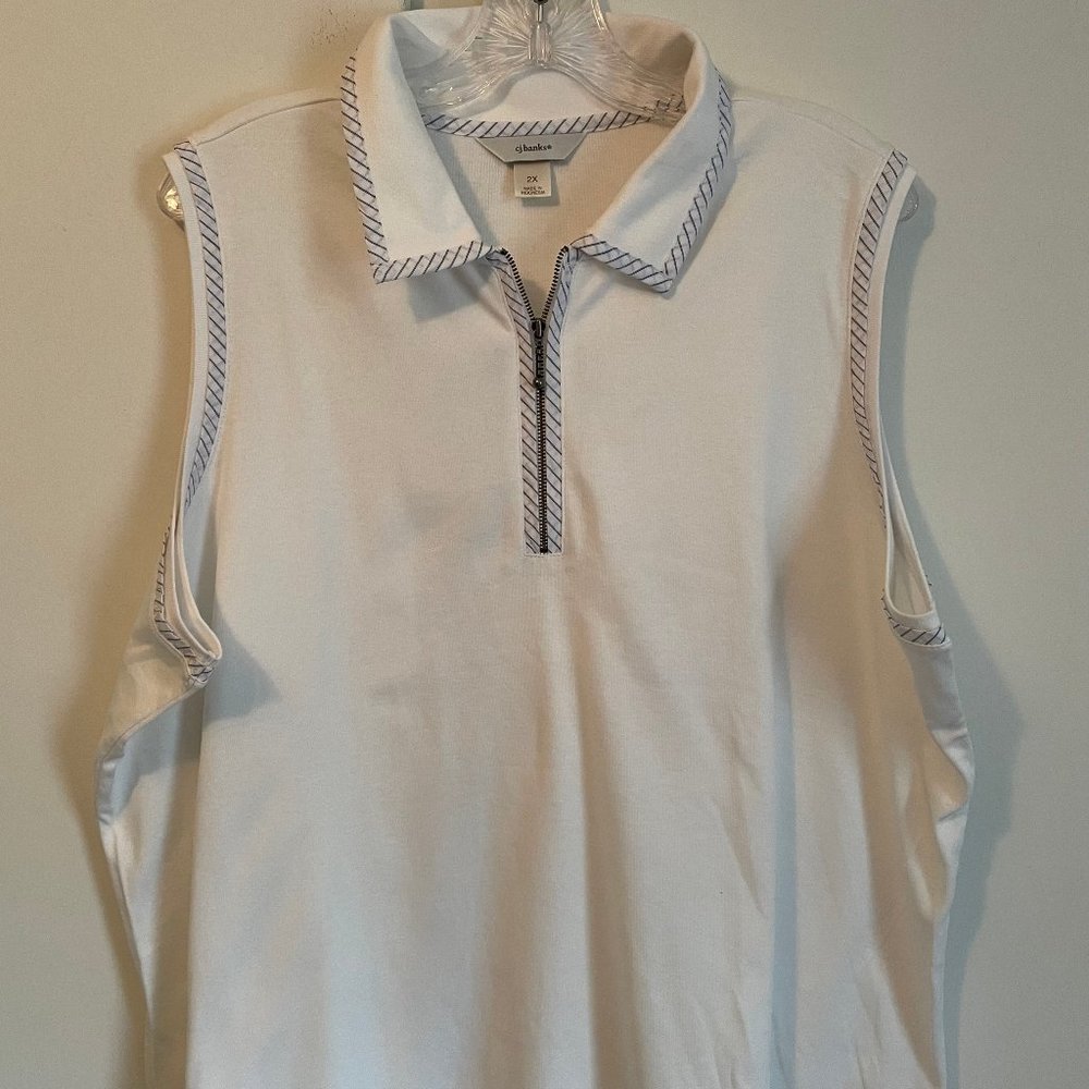 CJ Banks White Sleeveless Top with Blue Trim
